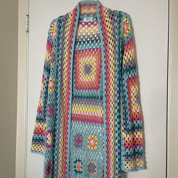 No 1 Los angeles acrylic crochet quilted muti color maxi cardigan sweater duster - Picture 3 of 10